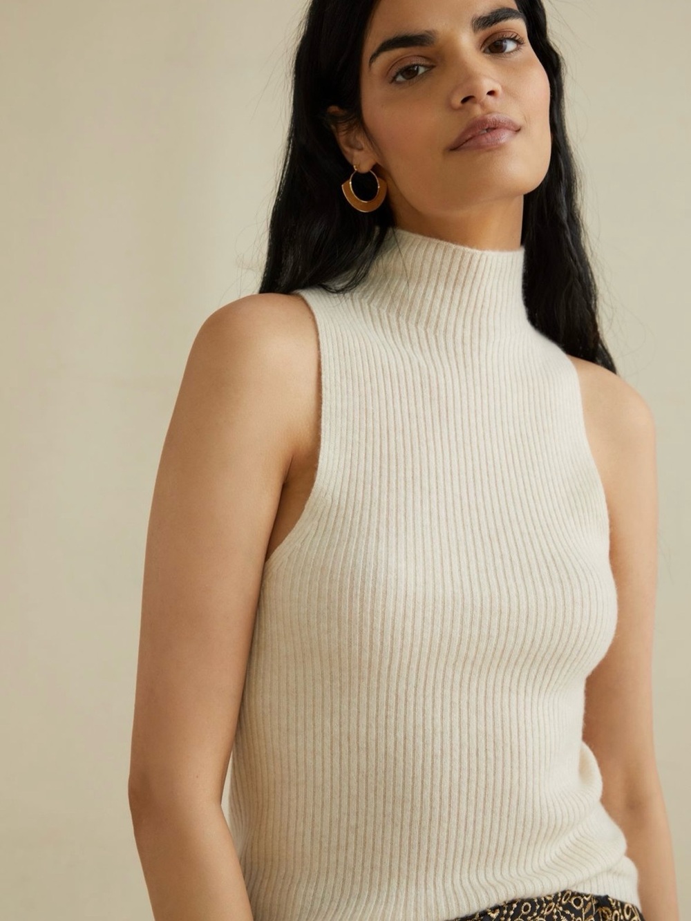 Anthropologie Cashmere Cream Ribbed Sleeveless Mock Neck Sweater Tank
